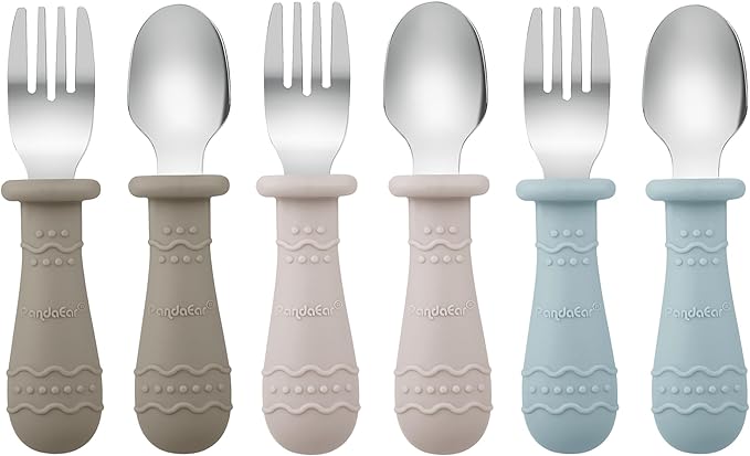 PandaEar Silicone Baby Spoons & Toddler Utensils (Light Tan/Walnut/Blue)