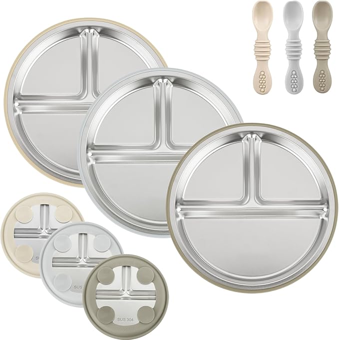 PandaEar 3 Pack Stainless Steel Baby Suction Plates, Divided Toddler Plate for Baby Led Weaning Supplies, Non-Slip Toddler Baby Feeding Set Dishwasher Safe (Linen/Brown/Tan, With Spoons)
