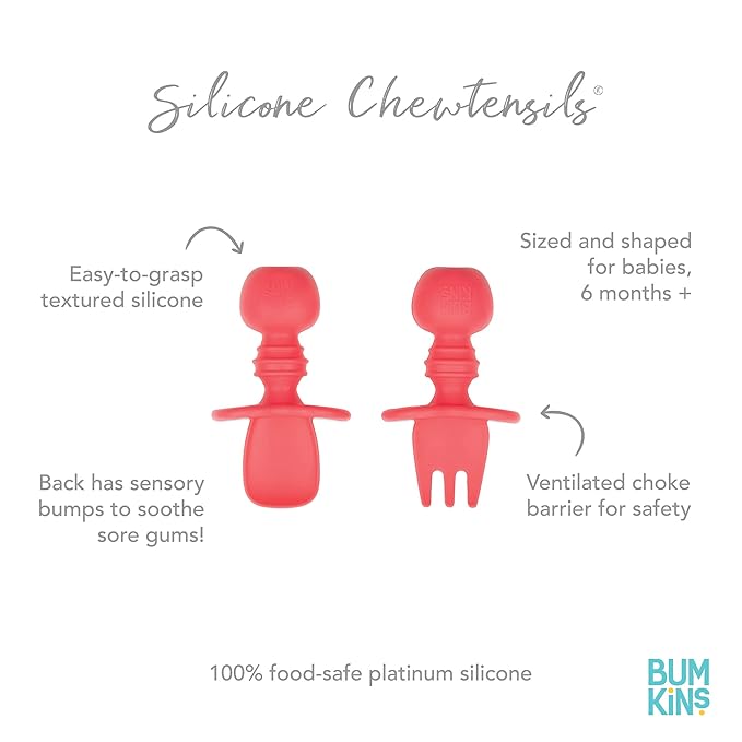 Bumkins Baby Utensils Set, Chewtensils Silicone Spoons for Dipping, Self-Feeding, Baby Led Weaning, Trainer Learning, First Stage Eating, Soft Practice Fork and Spoon, Babies 6 Months, Red