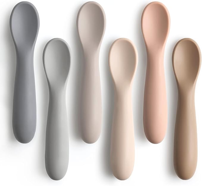 6 Pack Baby Spoons, Shorter Length for Self Feeding, First Stage Spoons, Food Grade Silicone, 6+ Months, Baby Training Spoons, Dishwasher Safe & Boil-proof