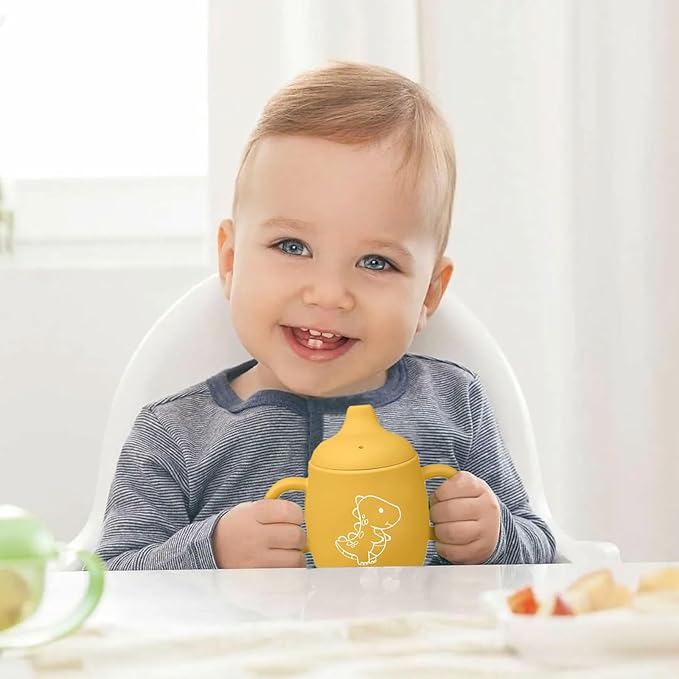 Silicone Straw Cup with Handles,Dinosaur Silicone Baby Sippy Cups,Snack Cups for Toddlers,Dual-Purpose Toddler Training Cups,3 Stages Training Cup Dishwasher Safe and BPA Free 9 oz (Yellow)