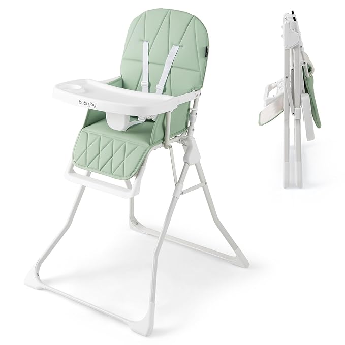BABY JOY Foldable High Chair, Portable Highchairs for Babies and Toddlers with 3-Position Adjustable Tray & Footrest, Removable Seat Cushion, 5-Point Safety Harness, Space Saving Design (Green)