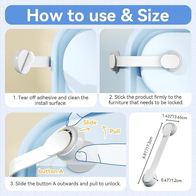 SAFELON 6 PCS Child Safety Locks, Cupboards Straps Locks, Baby Safety Drawer Locks, Childproof Locks for Cabinets, Kitchen, Toilets, Cupboard, Easy Install, No Tools Needed (White)
