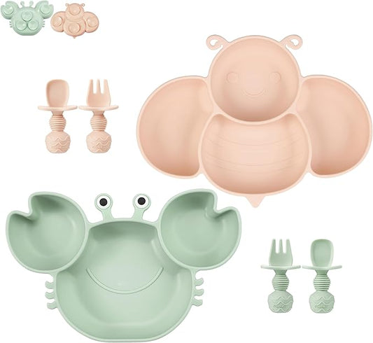 PandaEar 2 Pack Silicone Suction Plates for Toddlers Baby with 4 Spoons Self Feeding, Divided Unbreakable Toddler Plates with Suction, Baby Plates and Utensils Set, Baby Dishes, Green Crab & Pink Bee