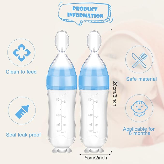 Nuanchu Baby Spoons 2 Pack Silicone Baby Food Feeder 3 oz Squeeze Feeding Spoon Toddler Dispensing Feeder Suction Cup Design Travel Friendly for Kids Toddlers Boys Girls(Blue)