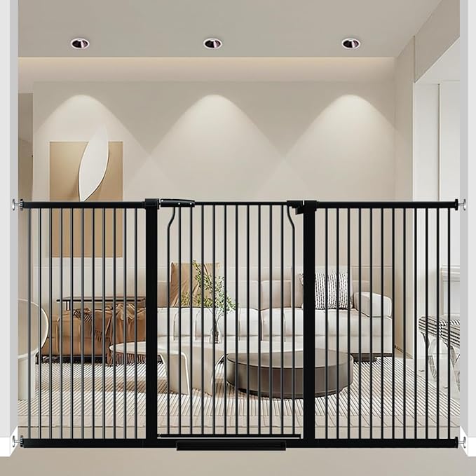 40.55" Walk Through Extra Tall Wide Baby Gates, 74.1"-76.7" Black Pressure Mounted Dog Gates