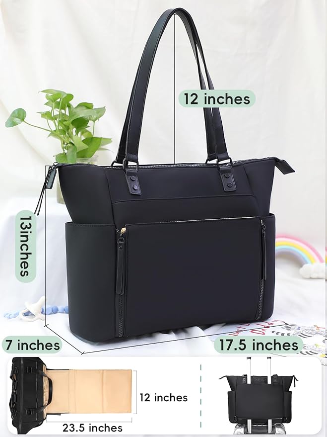 MOMINSIDE Neoprene Diaper Bag Tote, Diaper Bag Backpack pañaleras para bebe with Changing Station,14 Pockets Large Capacity Travel Diaper Bag for Mom, Convertible Diaper Tote, Black