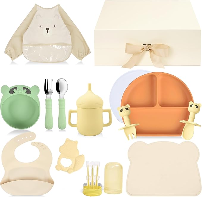 Baby Utensils Set?“Infant Feeding Essentials&Baby Plate Set?“Deluxe Silicone Feeding Mat,Long Sleeve Bibs,Training Cup,Spoon&Fork,Stainless Steel Set,Teethers,Toothbrush Kit ??in Gift Box for Newborns