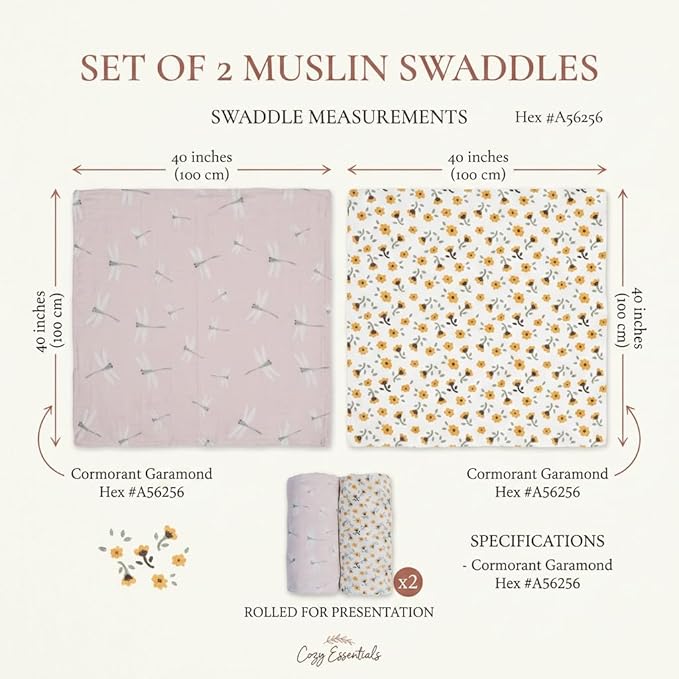 Lulujo Baby Swaddle Blankets | Unisex Softest Breathable Cotton Muslin Swaddle Blanket Set | Neutral Receiving Blanket for Girls & Boys | 40in x 40in | Vintage Floral & Dragonfly | 2-Count