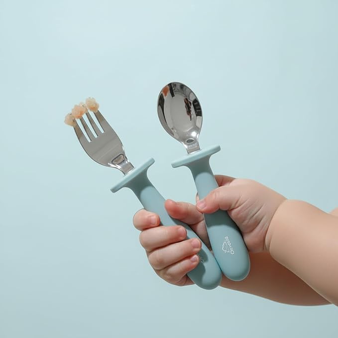 Toddler Stainless Steel Spoon & Fork Set, Non-Slip Silicone Handle, BPA-Free, Self-Feeding (Blue Light)