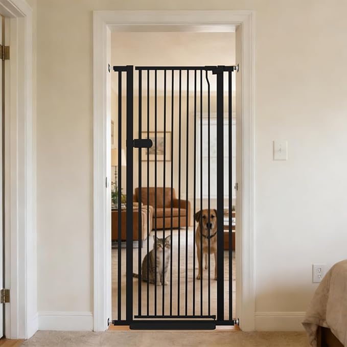 Lumizone Extra Tall Cat Gate 61.02" High Pressure Mounted 29.92"-34.24" Extra Wide 1.37" Gap No Drilling Auto-Close One-Handed Operation Tall Pet Gate for Dogs(Black, 61.02" H x 29.92"-34.24" W)