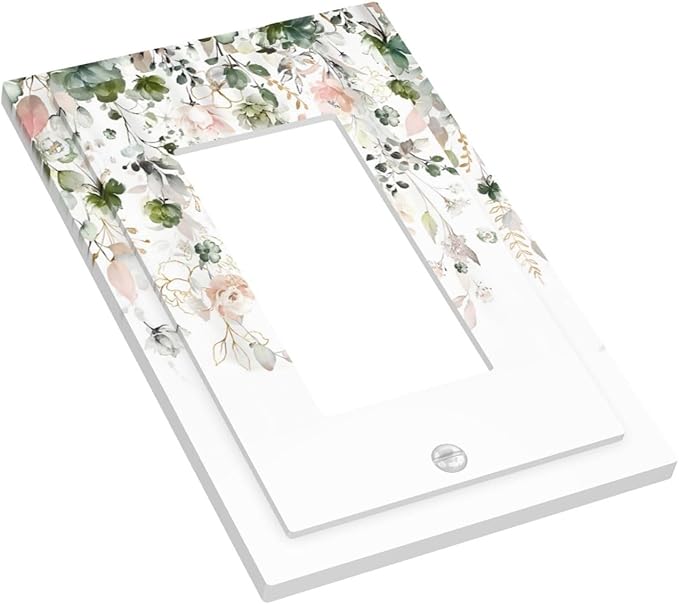 Green Pink Floral Flower Rustic Eucalyptus Leaves Wildflower Decorative Outlet Covers 1 Gang Single Rocker Light Switch Cover Plate Wall Plates GFCI Faceplate for Bedroom Living Room Decor