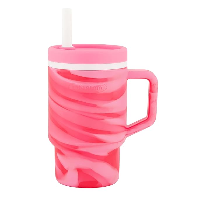 Infantino My 1st Tumbler, 9 Oz. Silicone Sippy Cup with Straw & Handle, Spill-Resistant Baby Cup for On-the-Go, BPA-Free Transition Bottle, Swirl Strawberry
