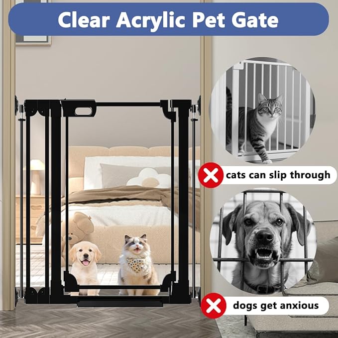 40" Clear Tall Baby Gate with Door, 29.5"-37.7" in Wide Pet Gates for Large Dogs Cats, Walk Thru Extra High Doggie Gates Doorways Stairs Indoor, Pressure Mounted Safety Gates, Black