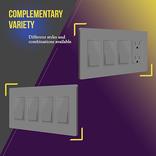 ENERLITES Screwless Decorator Wall Plate Child Safe Outlet Cover, Gloss Finish, Size 4-Gang 4.68" H x 8.30" L, Unbreakable Polycarbonate Thermoplastic, SI8834-GY, Grey, Gray