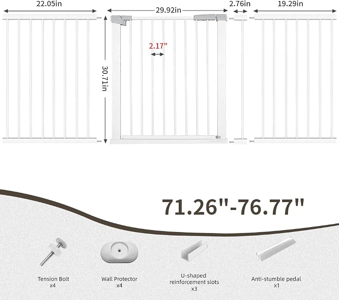 Extra Wide Dog Gate for Doorways Hallways 71.2"-76.7", 30 in Tall Baby Gates with Door No Drill, Auto Close Child Safety Gate for Pet Kid Doggie Cat Proof, Large Long Dog Barrier Indoor House, White
