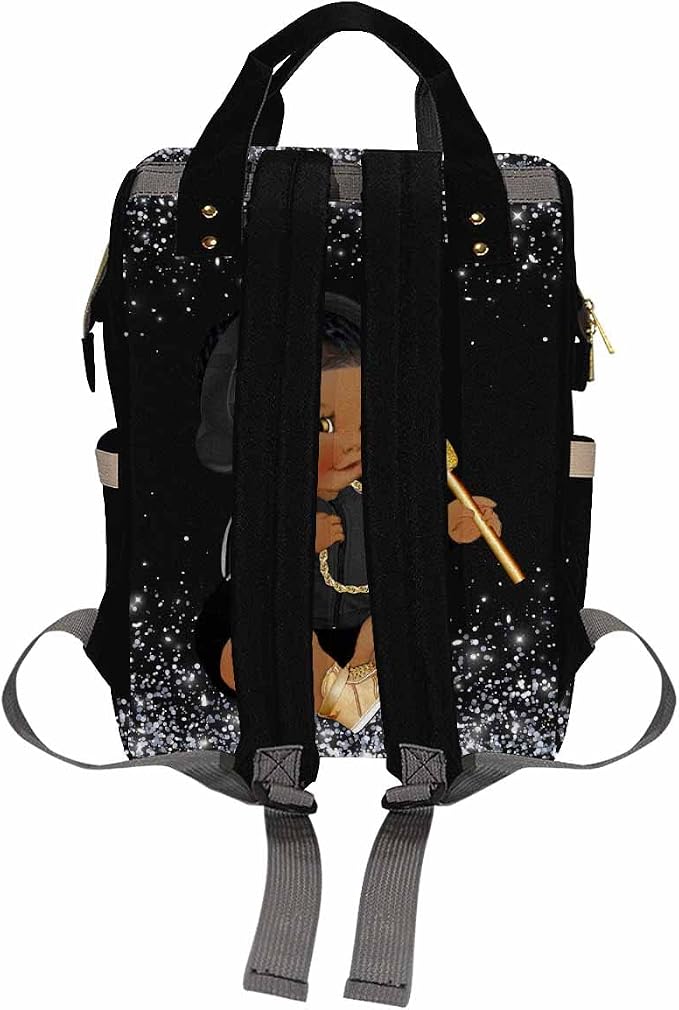 InterestPrint Custom Name Diaper Bag Backpack with Prince Glitter Dot Design, Black, 10.83" L x 6.69" W x 15" H, Waterproof Nylon, Insulated Milk Bottle Pockets, Unisex