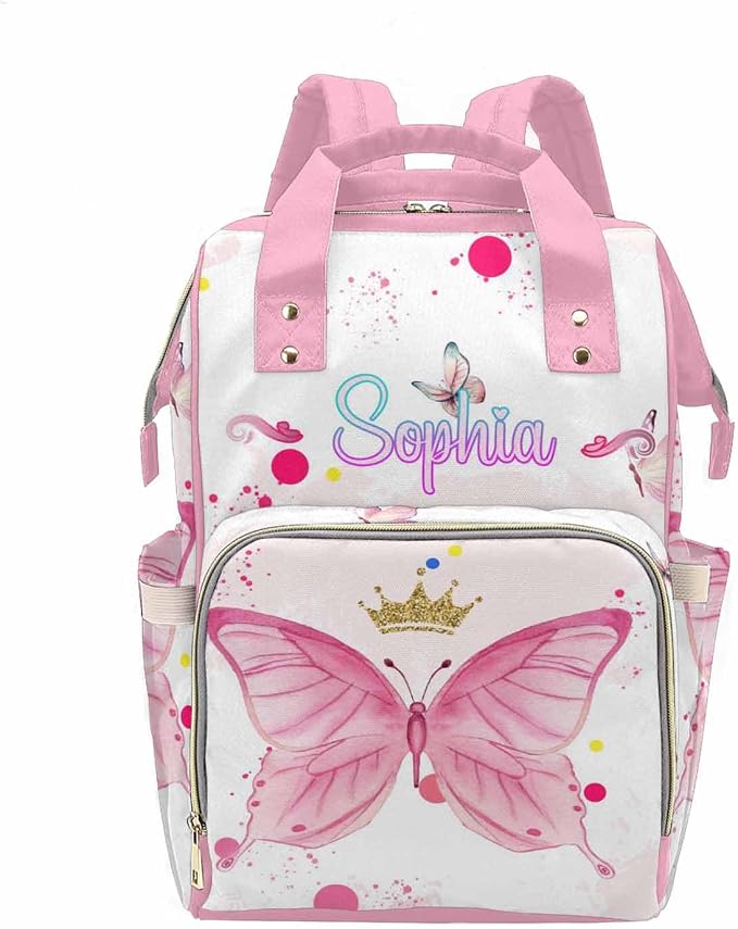 M YESCUSTOM Custom Diaper Bag for Girls - Large Capacity Backpack with Pockets - Butterfly Personalized Baby Diaper Bags for Mom - Waterproof Nappy Bag - Newborn Gift