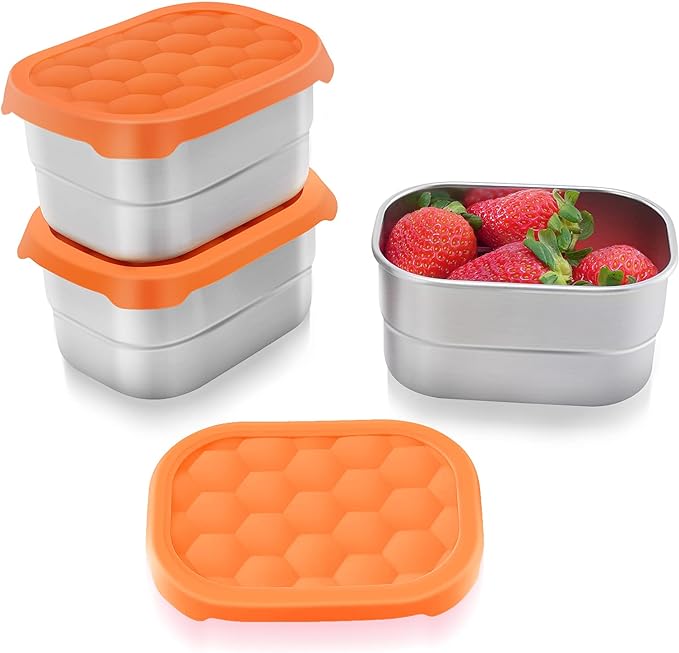 Tanjiae Small (1 CUP) Stainless Steel Snack Containers for Kids | Easy Open Leak Proof Food Containers with Silicone Lids - Perfect Metal Toddler Lunch Box for Daycare and School (8oz)