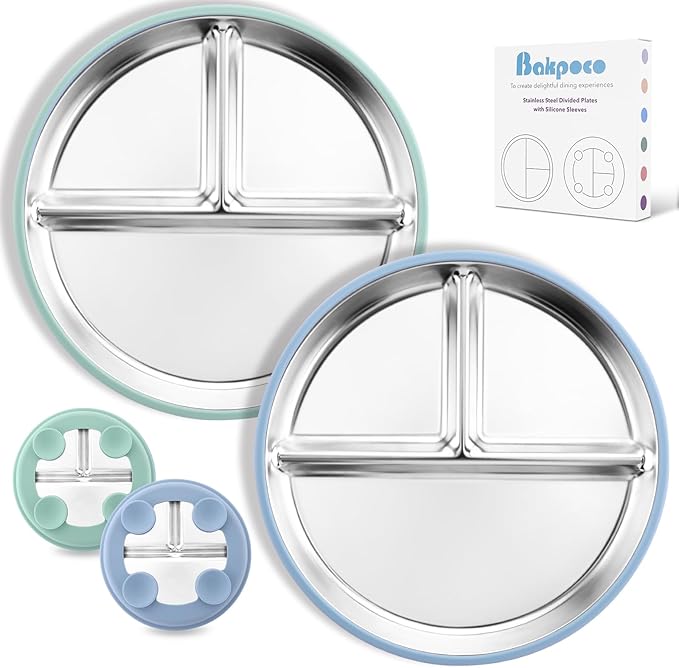 Bakpoco Stainless Steel Toddler Plate with Suction 2Pack, 9??Divided Kids Plates with Silicone Suction for Baby Self Feeding, Non Toxic Non Slip Unbreakable Snack Dishes Dinnerware Set, Blue & Sage
