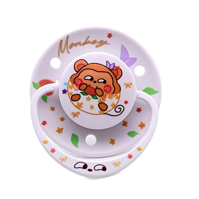 Cute White Monkey Comfort Soother with Clip & Reusable Storage Case, Large Round Shield Design for Relaxation, Sleep Support & Sensory Comfort, Kawaii Peach Monkey Style