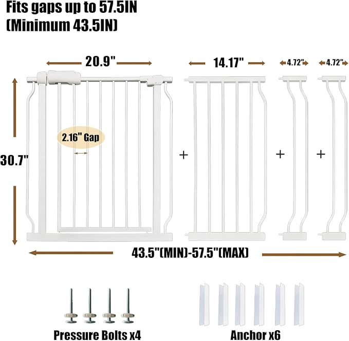 Extra Wide Baby Gate 53-57.5 Inch, Tension Mounted No Drilling, Auto Close Indoor Safety Gate for Stairs & Doorways - Metal Design for Kids and Pets, White