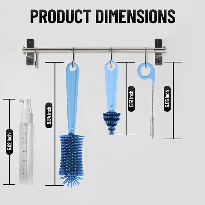 6 in 1 Baby Bottle Brush Cleaner with Silicone Brushes - Premium food-grade silicone, Dishwasher Safe & Heat Safe - Travel Friendly Portable Baby Bottle cleaner Kit - Blue