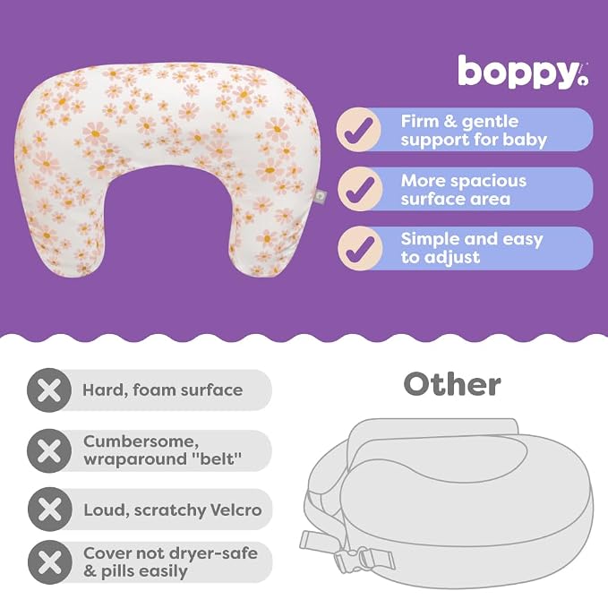 Boppy Nursing Pillow - Firm, Ergonomic U-Shaped Bottle and Breastfeeding Pillow with High Lift for Comfort and Support, Spacious Surface - Soft Pink Daisies
