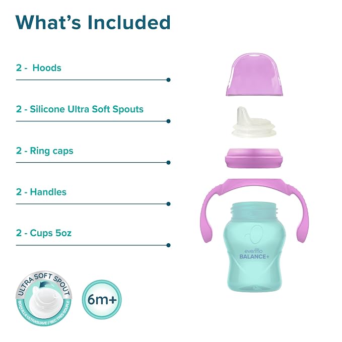 Evenflo Balance+ Trainer Cup with Ultra Soft Spout, Purple & Mint with Pink & Teal Handles, 5oz, 2 Pack, for 6+ Months