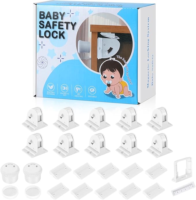 10 Pack Magnetic Cabinet Locks for Child Safety, Drawer Locks Baby Proofing, Magnetic Door Safety Locks for Cabinets and Drawers, Easy Installation No Tools Required (10 Pack and 2 Keys)