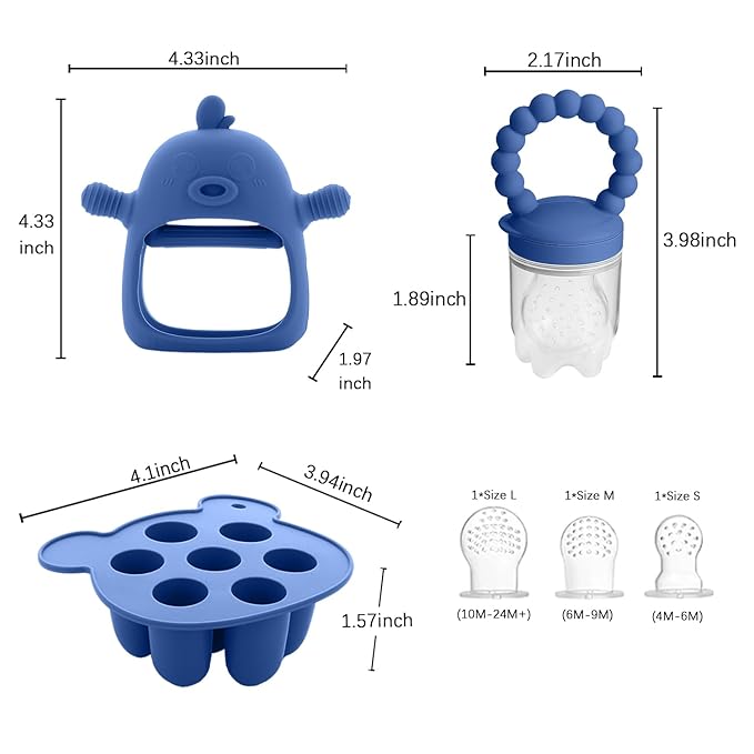 3-in-1 Baby Food & Fruit Feeder Set ??Breastmilk Popsicle Mold with Freezer Tray, Teething Relief Toy, BPA Free Infant Silicone Feeding Combo, 3 Bonus Sizes (S/M/L) Sacs (Steel Blue)