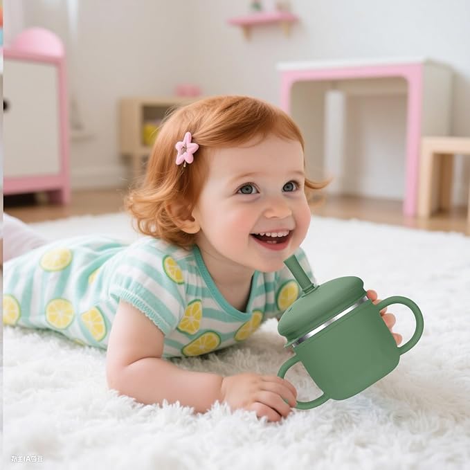 BUSOHA Stainless Steel Toddler Sippy Cup ??8oz Spill-Proof Straw Cup for 6+ Month Babies & Toddlers, 3-in-1 Reusable Travel Cup with Brush ??Dishwasher Safe, Kids Drinking Cup,Dark Green
