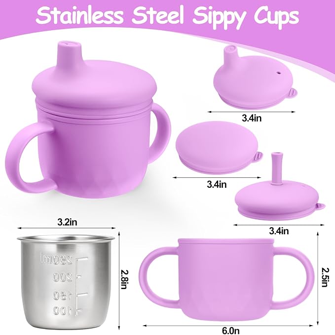 Mity rain 3-In-1 Stainless Steel Sippy Cup for 6+ Month Old, Baby Straw Cups for Toddlers 1-3 with Travel Lid, Silicone Straw, Replacement Straw & Cleaning Brush - 8oz Toddler Cups Spill Proof Set
