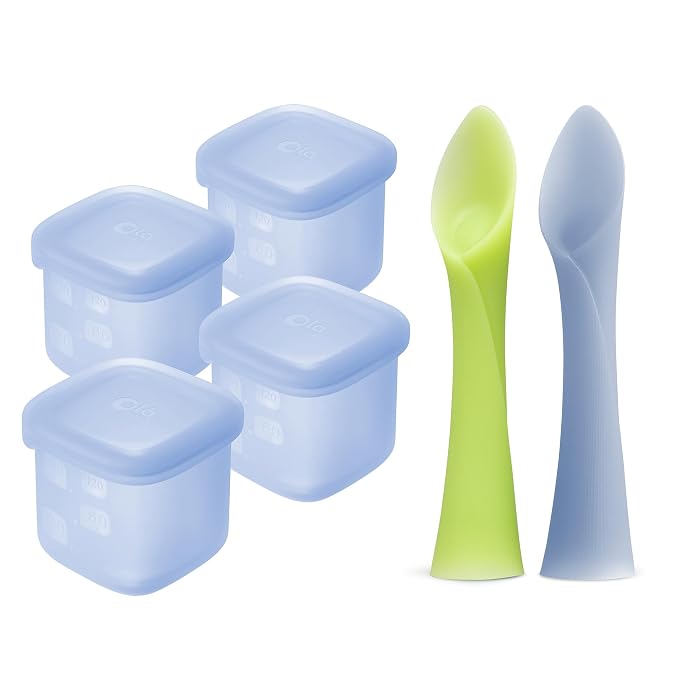 Olababy Training Spoon Set (Kiwi/Blueberry) + Olababy Clear Sense Silicone Storage Containers 4pk (Blueberry, 4 oz)