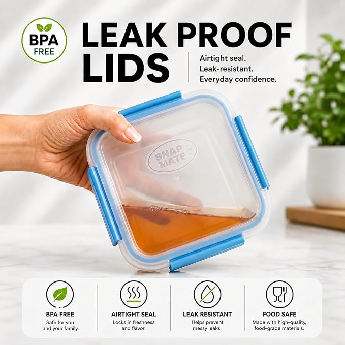 Snap Fresh - 4 Pack of Fun Size Leakproof Sandwich Containers - Reusable, BPA Free Sandwich Boxes. Airtight Seal. Also Great for Salads, Snacks, Fruit, Treats and Food Storage