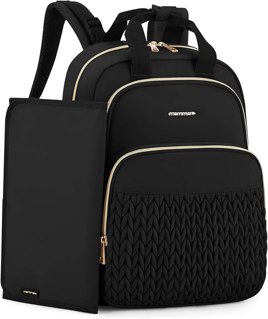 mommore Diaper Bag Backpack, Stylish Travel Baby Bag with Insulated Pockets, Changing Pad and Stroller Straps for Toddler (L-Black, Large-27L)