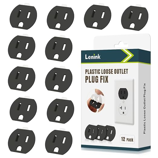 Lenink Loose Outlet Plug Fix, 12 Pack Black Plastic Snug Socket Secured, Outlet Tightener Insert for Most Loose Outlets, with Back Adhesive