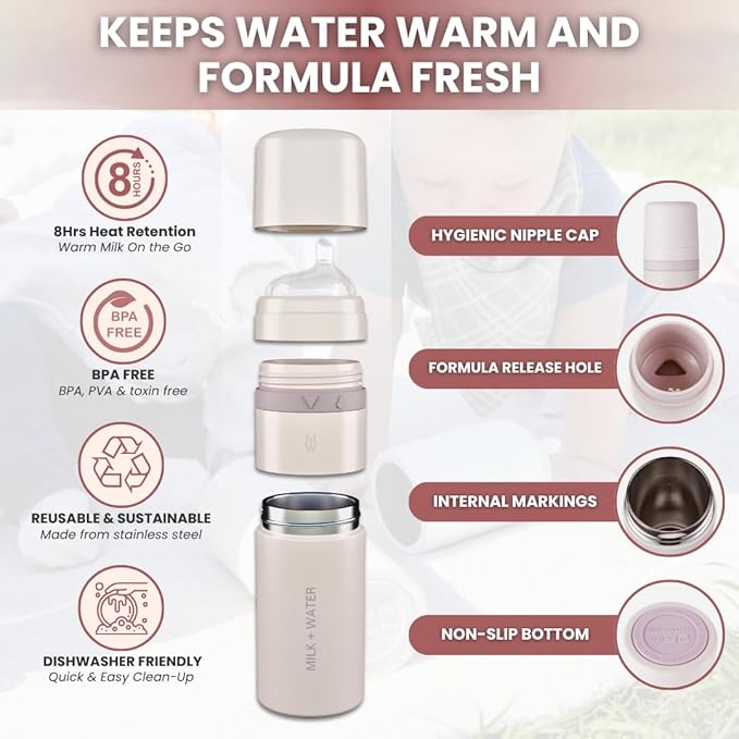 MILK & WATER All in One Baby Bottle & Baby Formula Dispenser On the Go, 9oz - Keeps Water Warm & Formula Fresh - Baby Formula Mixing Bottle with Anti Colic Nipple - Leak-Proof - 6+ Months (Pink)