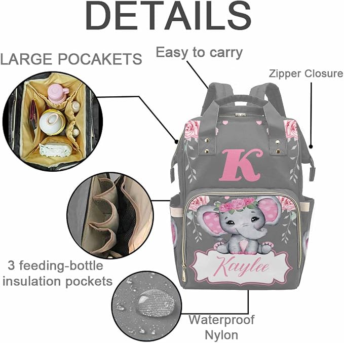 M YESCUSTOM Diaper Bags for Women Personalized Pink Flower Bag with Name Letter Custom Waterproof Large Capacity Travel Daypack Grey