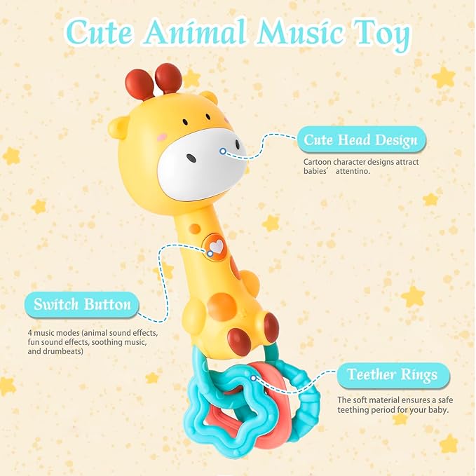 Cute Giraffe Baby Musical Rattle Toy 6-12-18 Months, Light-Up Teether & Sensory Chew Rubber 1st Birthday Gift for 1+ Year Old Boys Girls (Giraffe)