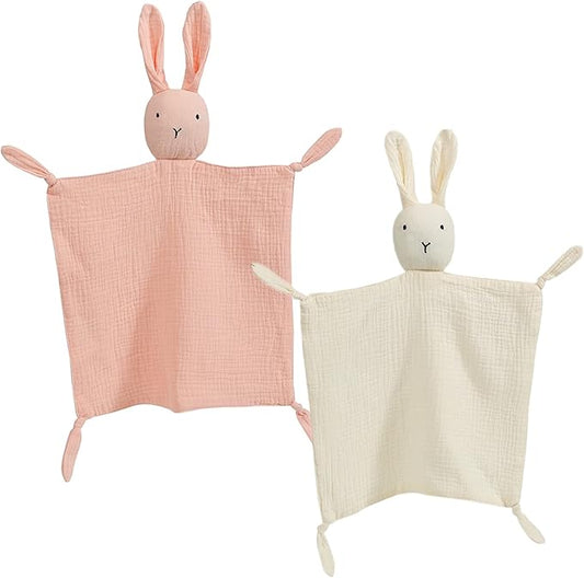 insular Bunny Lovey Blanket for Boys and Girls, Organic Cotton Muslin Security Blanket for Babies, Soft Breathable Lovie Soothing Towel for Newborn and Infant, 2 Pcs Set (Beige&Pink)