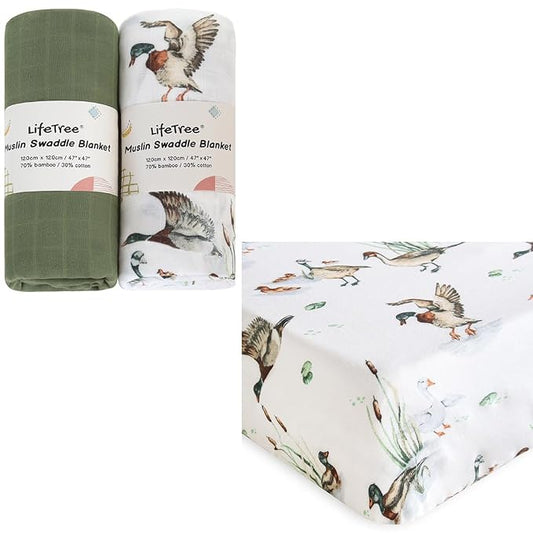LifeTree Baby Muslin Swaddle Blanket for Boys Girls Neutral, Fitted Crib Sheets Infant Newborn Mallard Duck, 70% Viscose from Bamboo and 30% Cotton