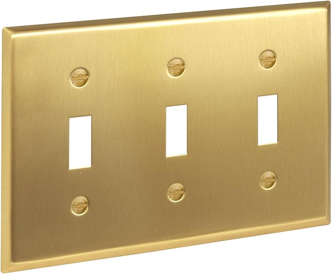 Rio Salto BRASS Toggle Light Switch Cover Plate Triple Toggle Flip Switch Outlet Covers 3 Gang Brushed Brass Gold Metal Wall Plate Flip Swtich ??Signature Collection, Standard Size 4.50" X 6.33"
