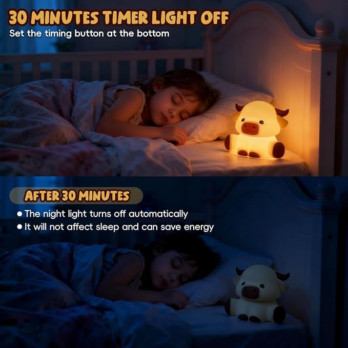 Highland Cow Night Light for Kids, Squishy Touch Control Rechargeable Dimmable Lamp with Timer, Cute Animal Nursery Night Light Boys and Girls Room Decor Gifts