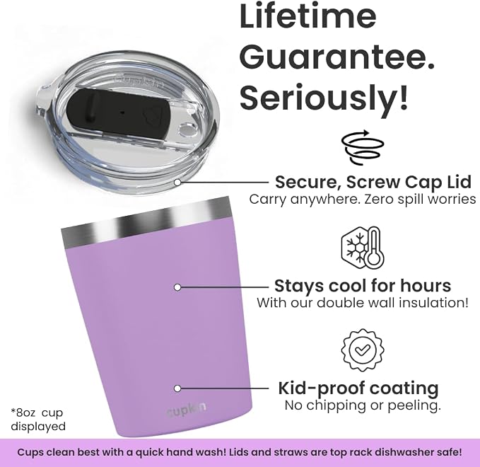 CUPKIN Toddler Tumblers, The Original 12 oz Stackable Stainless Steel Cups, Set of 2 Powder Coated Insulated Kids Water Bottle Alternative & BPA Free Lids + Reusable Silicone Straws (Pink + Purple)