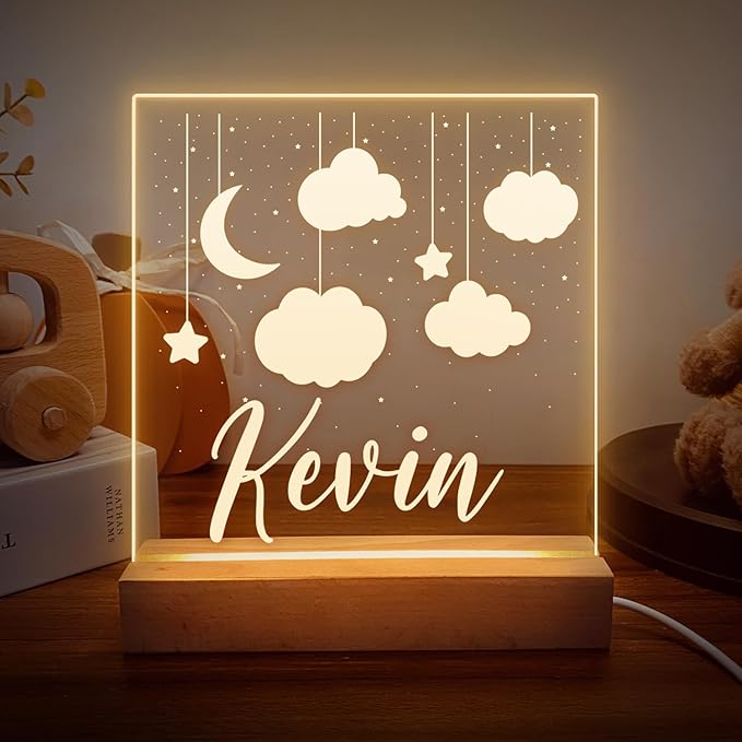Personalized Night Light for Baby Kids, Custom Name Moon Cloud Led Lamp for Girls Boys, Customized Name Night Lights Gift for Children Nursery