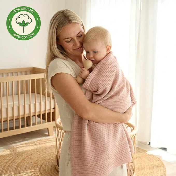 100% Organic Cotton Knit Receiving Baby Girl Blanket for Newborns - Soft, Breathable Swaddle Blanket for Crib & Stroller - Nursery Gift 2-Pack (Fog and Blush)