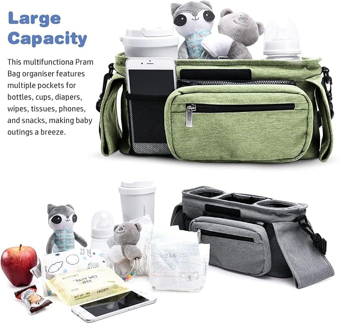 Baby Stroller Organizer, Universal Stroller Organizer with Detachable Phone Bag, Stroller Caddy with 2 Insulated Cup Holders, Buggy Organizer Bag with 2 Hooks Fits Most Strollers (Green)