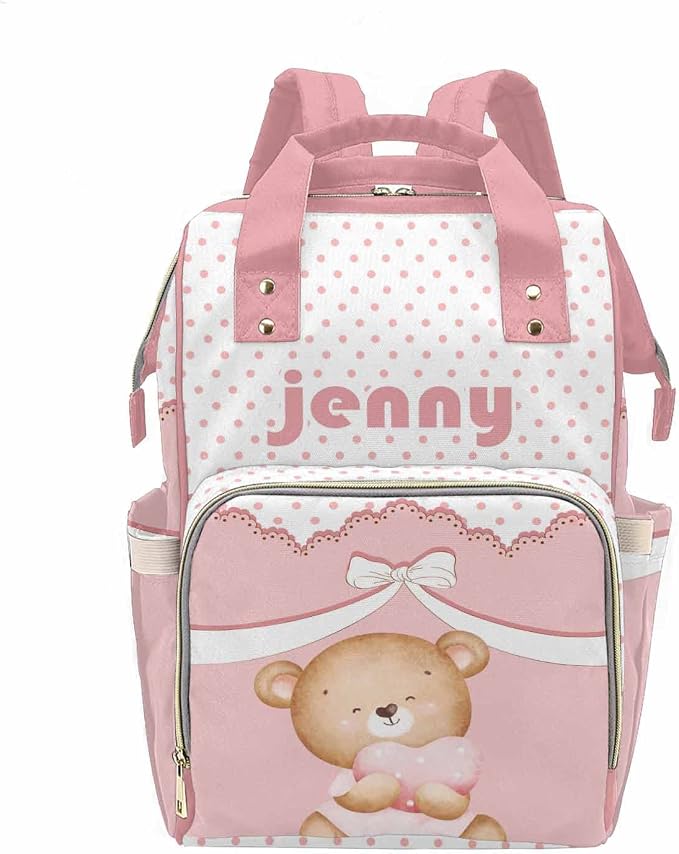 M YESCUSTOM Custom Cartoon Bear Diaper Bag Backpack Personalized Name Mommy Bag for Women Customized Gift for Mothers Day Pink