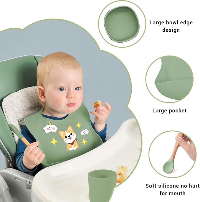 9PCS Silicone Feeding Set for Baby Led Weaning - Non Toxic Food Grade Suction Plates & Bowls, Soft Silicone Bibs with Pocket, Self Feeding Spoons & Utensils for 6-36 Months Infants Toddlers, Dishwashe